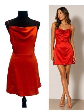 Femme dark orange satin effect draped Cowl neck spaghetti strap mini dress Sz M